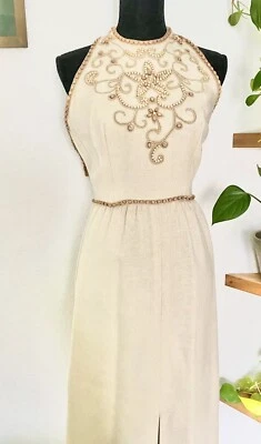 Vestido Halter Vintage Carlye Años 70 Lino Cuentas Bordado Boho Hippie Costero Foto 1 de 4