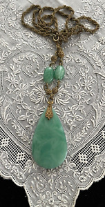 VTG Art Deco Czech Peking Glass Lavalier Long Teardrop Necklace Filigree Beads