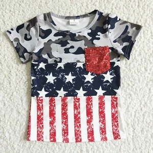 Girls Short Sleeve Pocket Shirt Camo Star and Stripe Print 4th of July - Picture 1 of 1