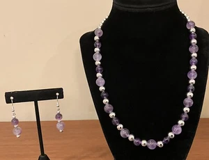 Neue handgefertigte natürliche lila Stein Perlen 18" Halskette & 925 Ohrhänger Set #Z - Bild 1 von 7