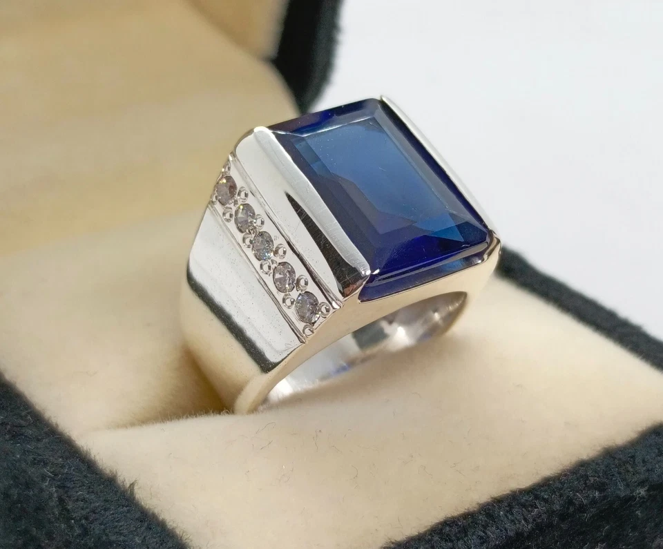 Anillo de topacio de plata esterlina 925 hecho a mano con topacio azul Londres de 12 quilates para hombre Foto 1 de 4