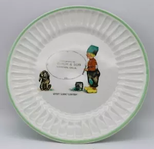 Harker Pottery Company Dutch Boy Advertising Plate Stop Look Listen Dog & Boy - Picture 1 of 6