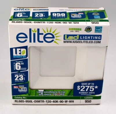 ELITE PRODUCTS Elite LED Lighting Square Finish Retrofit Kit 6” 950 Lumen Dimmable 4000K 90 CRI