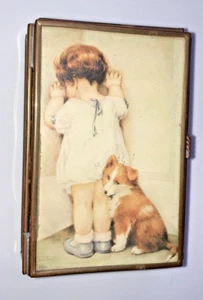 Vintage Via Vermont Schmuck Zigarettenglas Messing Spiegel Kind Welpe Schmuckschatulle - Bild 1 von 8