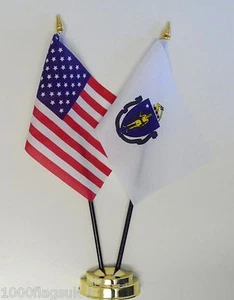 United States of America & Massachusetts Double Friendship Table Flag Set - Picture 1 of 1