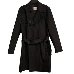 Zara Trench Coat Men Large Black Double Breasted Vented Belted Sophisticated Dad - Picture 1 of 21