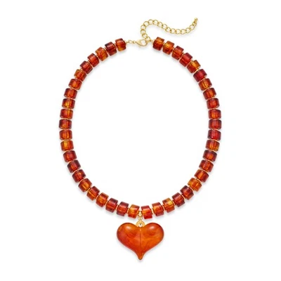 Chunky Heart Pendant Necklace - Statement Orange Brown Acrylic Beads - Image 1 of 4