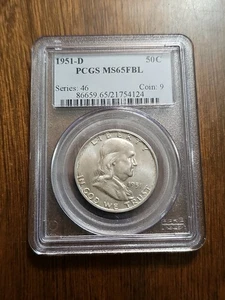 Medio dólar de plata Franklin 1951-D graduación profesional MS65FBL COMO NUEVO 65 líneas de campana completas 50C - Imagen 1 de 4