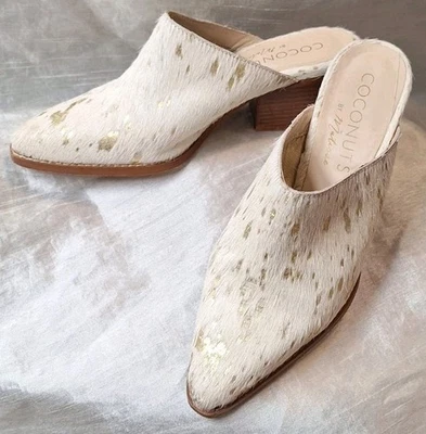 COCONUTS by Matisse 8M Camelot Cowhide Real Fur Mid Block Heel Mules Gold Flecks - Image 1 of 4