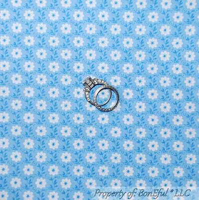BonEful Fabric FQ Cotton Quilt Blue White Flower Tiny Calico Leaf Stripe Blender - Image 1 of 4