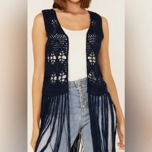 Chaqueta Rock & Roll Denim Azul Oscuro Boho Crochet con Dobladillo Flecos Talla M - Imagen 1 de 16