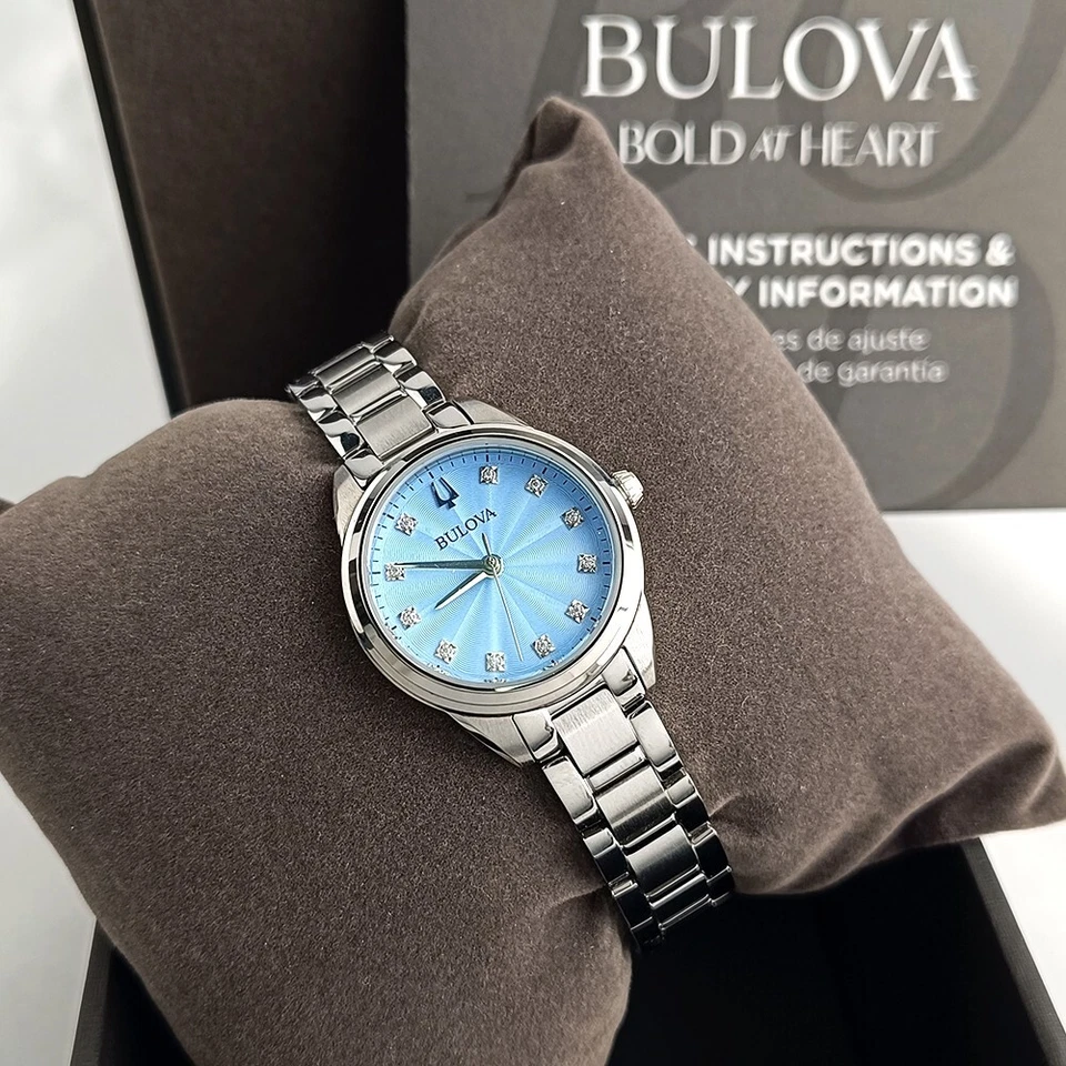 Bulova Sutton Blue Diamond Dial Women's Stainless Steel Watch 28mm 96P250