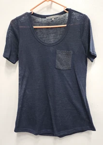 Essentials By Milano Womens T-Shirt Small Navy Rhinestone Pocket Short Sleeve - Picture 1 of 7