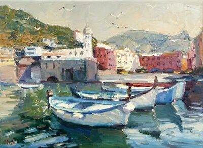 Boats painting Original artwork Impressionism Oil on canvas by E Chernyakovsky - image 1 of 4