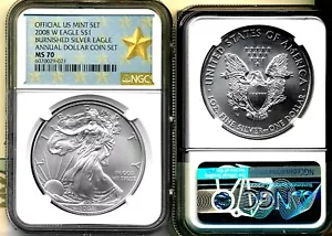 2008-W ANNUAL $1 SET burnished SILVER EAGLE - NGC MS70 - NGC WEST POINT LABEL - Picture 1 of 1