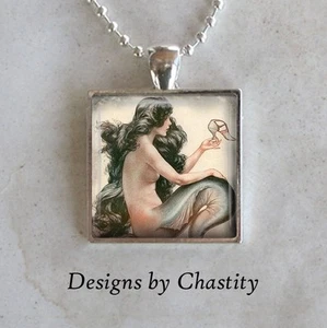 Mermaid Necklace Pendant Charm Glass Altered Art VTG Ocean Sea Shell Mythical - Picture 1 of 2