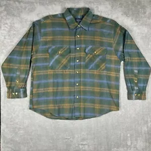 Basic Editions Men's Large Flannel Shirt Green Orange Blue Long Sleeve Plaid EUC - Picture 1 of 12