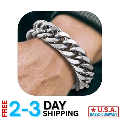 Pulsera clásica de eslabones cubanos de 17 mm para hombre - joyería de acero liso e hipoalergénico Foto 1 de 4