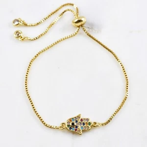 Evil Eye Hamsa Hand Crystal Rainbow Gold Adjustable Box Chain Toggle Bracelet - Picture 1 of 4