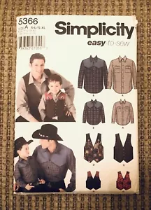 Simplicity 5366 Boys S-L Men S-XL Western Shirt Vest Cut All Sizes Present - Picture 1 of 2