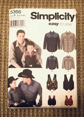 Simplicity 5366 Boys S-L Men S-XL Western Shirt Vest Cut All Sizes Present - Image 1 of 2