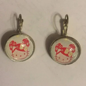 Retro Blue/Pink Hello Kitty Round Silver Drop Earrings! - Picture 1 of 1