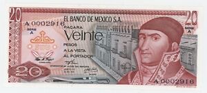 Mexico 20 Pesos 29-12-1972 Pick 64.a UNC Banknote Serie A Serial A0002916