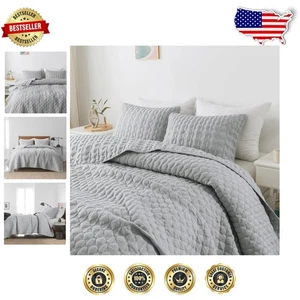 Machine Washable Light Grey California King Quilt - 3 Piece Shabby Chic Design - Picture 1 of 9