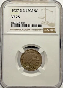 1937-D 3 Leg Buffalo Nickel NGC VF25 KEY DATE! - Picture 1 of 4
