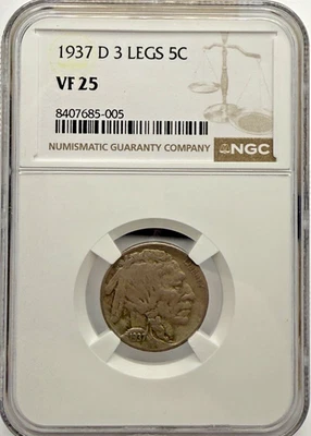 1937-D 3 Leg Buffalo Nickel NGC VF25 KEY DATE! - Image 1 of 4