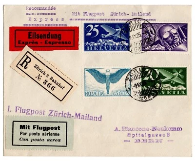 Airmail Cover Switzerland-1925-Flugpost Zürich Milan-Express-Registered Mail - Image 1 of 2