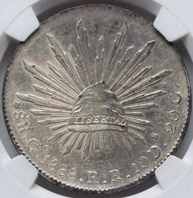 México: República, 8 Reales de Plata 1888 Go RR, Guanajuato como nuevo, NGC AU-58 Foto 1 de 4