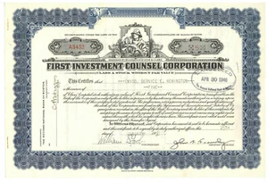 First Investment Counsel Corporation. Lagerzertifikat. Massachusetts. 1938 - Bild 1 von 2