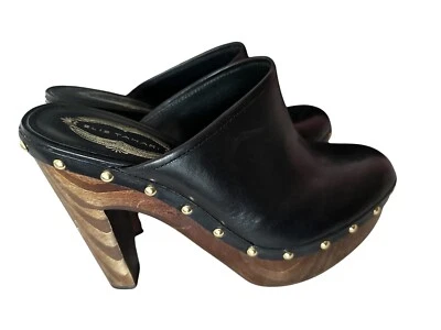 Elie Tahari Women’s Black Leather Savanna Wooden Heel Platform Clogs 38.5/ 7.5 Foto 1 de 4