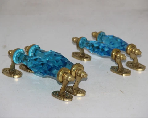 4PC Vintage Antique Style Crystal/Cut Blue Glass Door Handles, Collectible 12366 Cover