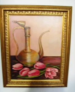 Vintage signed  real oil painting canvas Turkish Tulip still life decanter 50658 - Picture 1 of 12