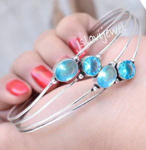 London Blue Topaz Gemstone 925 Sterling Silver Bangle Cuff Gift For Function - Picture 1 of 5