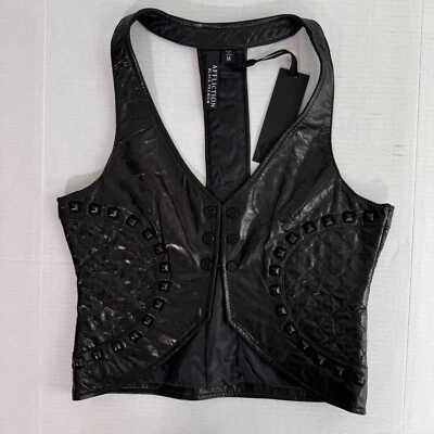 Colete Affliction Feminino Médio Couro cravejado motociclista grunge preto premium NOVO - Imagem 1 de 4