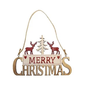 Merry Christmas Wooden Hanging Sign with Reindeer and Tree - Red - Picture 1 of 2