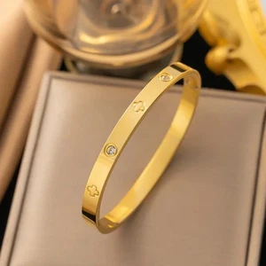 18K Gold Plated Clover Diamonds Bracelet Stainless Steel Tarnish Free - Picture 1 of 2