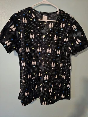 Cherokee Brand Penguins On Black Scrub Top  - sz L - Image 1 of 4
