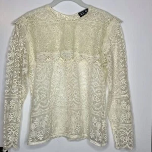 VTG KE II Y2K Lace Blouse Mesh Cream Ivory Sheer Edwardian Victorian Whimsygoth - Picture 1 of 11