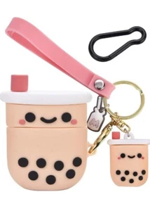 Pink Boba Milk TeaSilicone Shockproof Case AirPods 1&2 w Clip & Keychain  - Picture 1 of 2