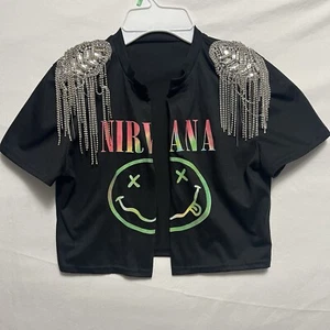 Quaste Nirvana schwarz Top Medium für Mädchen vorne offen Shirt mit Strass - Bild 1 von 14