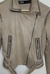 ZARA Women’s XS Suede Moto Jacket Light Beige Asymmetric Zip Rhinestone Trim - Picture 1 of 12