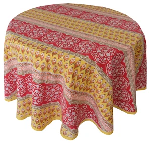 Round Hand Block Printed Tablecloth - Masala Stripe - Diameter 68" - Picture 1 of 2
