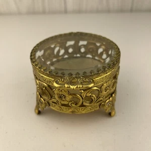 VTG Gold Glass Top Trinket Jewelry Box Hollywood Regency Vanity Dresser Bureau - Picture 1 of 13