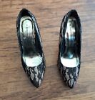 Ladies high stilletto heel shoes D Perkins black floral lace gold heels size 3