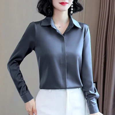 Women Satin Shirt Faux Silk Long Sleeve Button Down Top Office Smart Casual Work - Image 1 of 4