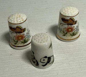 3X Bone China Japan Porcelain Thimble Floral Gold Trim Pandas Vintage - Picture 1 of 16